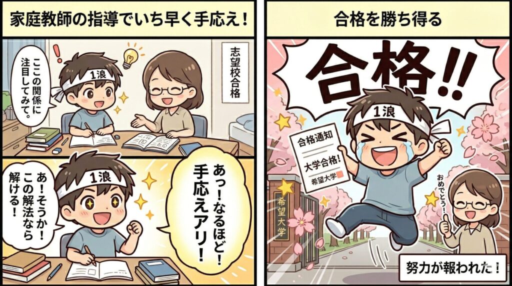 【高卒生（１浪）男子】家庭教師の指導でいち早く大学受験の手応えを持ち、合格を勝ち得る