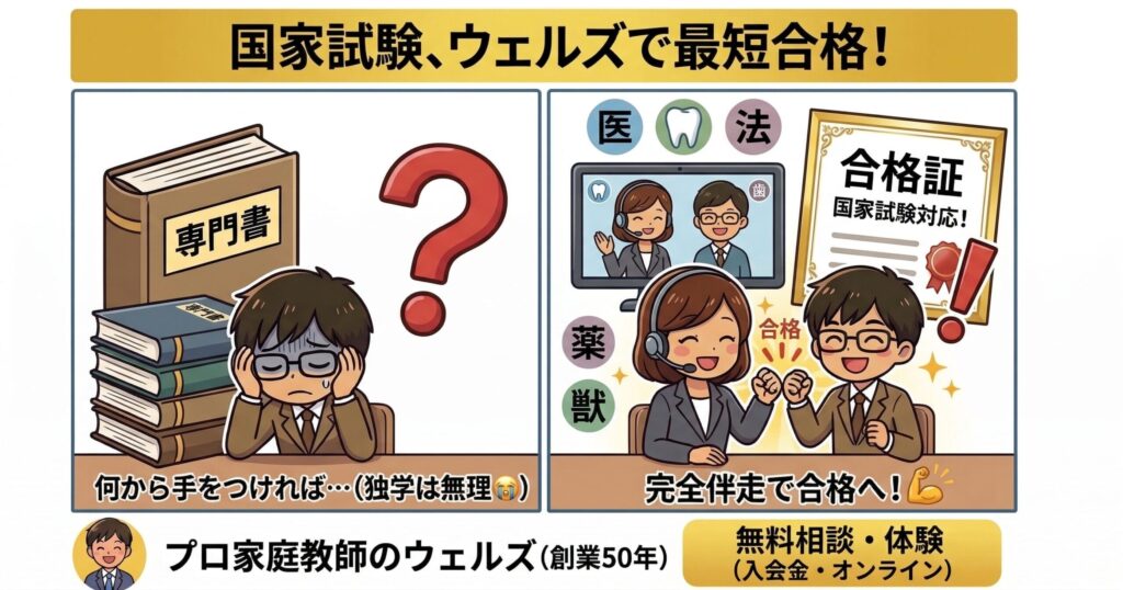 【国家試験専門対策】プロ家庭教師が国家資格合格まで徹底伴走─ 医学部・歯学部・薬学部・獣医学部・医療系資格までフル対応 ─