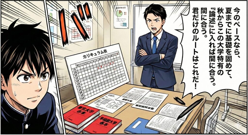 【画像挿入ポイント②】
漫画調・1コマ（戦略会議）

シーン: 作戦会議室のような雰囲気。机には志望校の赤本（過去問）や模試の結果が広げられている。
登場人物: 腕組みをするプロ家庭教師と、真剣な眼差しの受験生。
セリフ: 家庭教師が地図（カリキュラム表）を指し、「今のペースなら、夏までに基礎を固めて、秋からこの大学特有の『論述』に入れば間に合う。君だけのルートはこれだ！」と力強く宣言している。