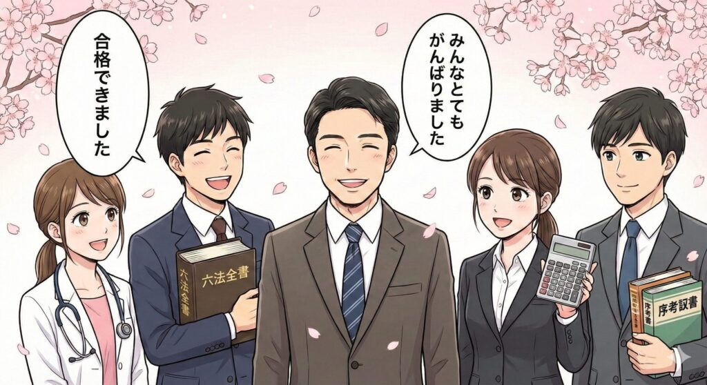 【画像挿入ポイント②】

漫画調・1コマ（集合絵）

シーン: 桜が舞う中、ウェルズのプロ家庭教師を中心に、様々な目標を達成した生徒たちが笑顔で囲んでいる。

登場人物の詳細:

白衣を着て聴診器を下げた人（医師・薬剤師）

六法全書を持った弁護士風の人

電卓を持った会計士風の人

参考書を持った社会人

セリフ/雰囲気: 生徒たちが「先生のおかげで夢が叶った！」と口々に感謝し、講師が「みんなよく頑張ったね」と労っている温かい大団円のシーン。
