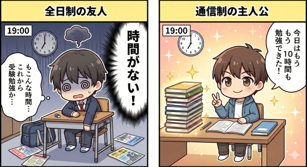 時間の有利さを可視化する2コマ漫画