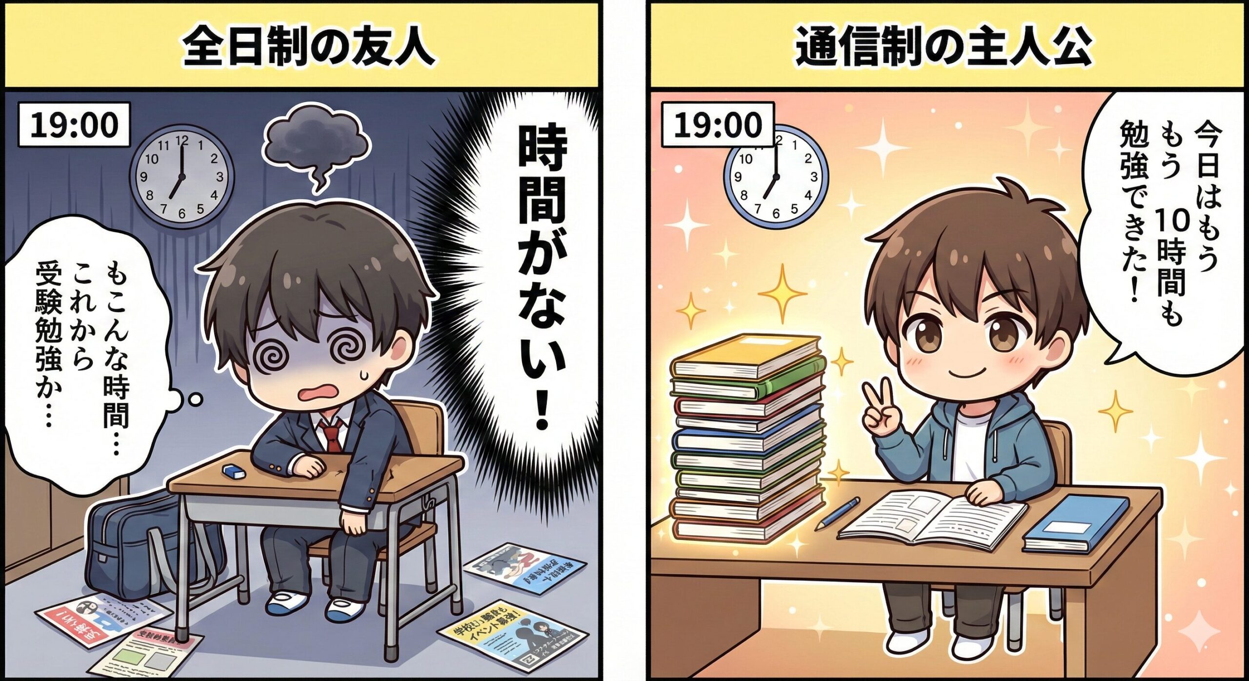 時間の有利さを可視化する2コマ漫画