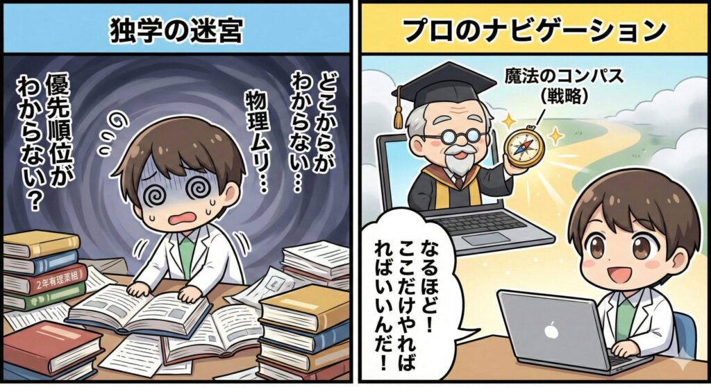 独学の限界とプロによる解決を描く2コマ漫画