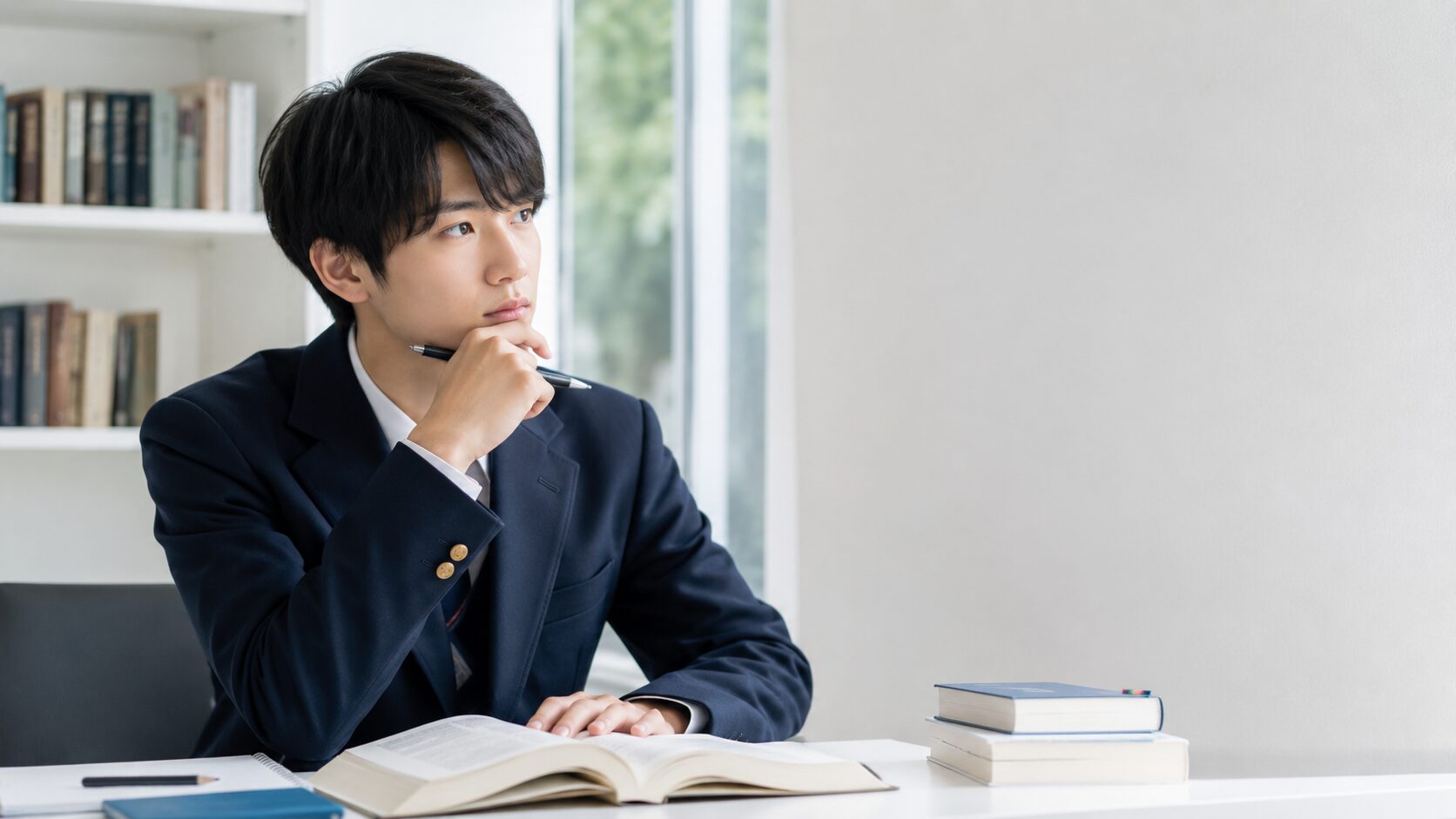 参考書を前に深く考える高校生（難関大学受験のイメージ）