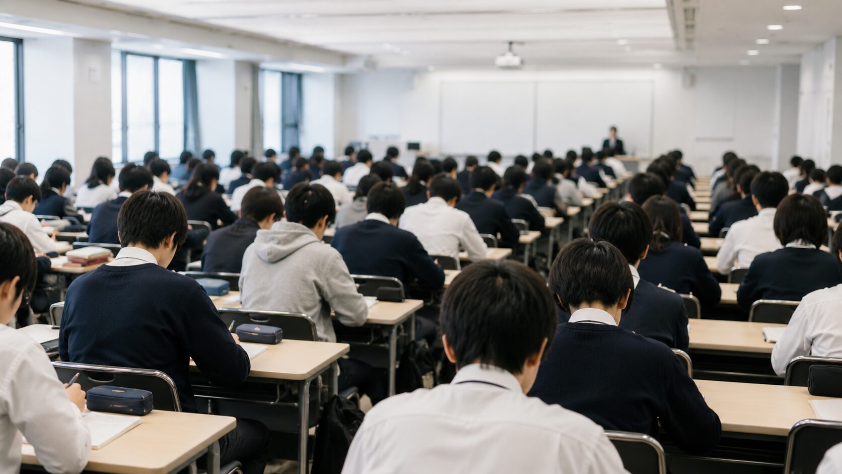 大人数の予備校で授業を受ける生徒たち（埋もれやすい集団授業のイメージ）