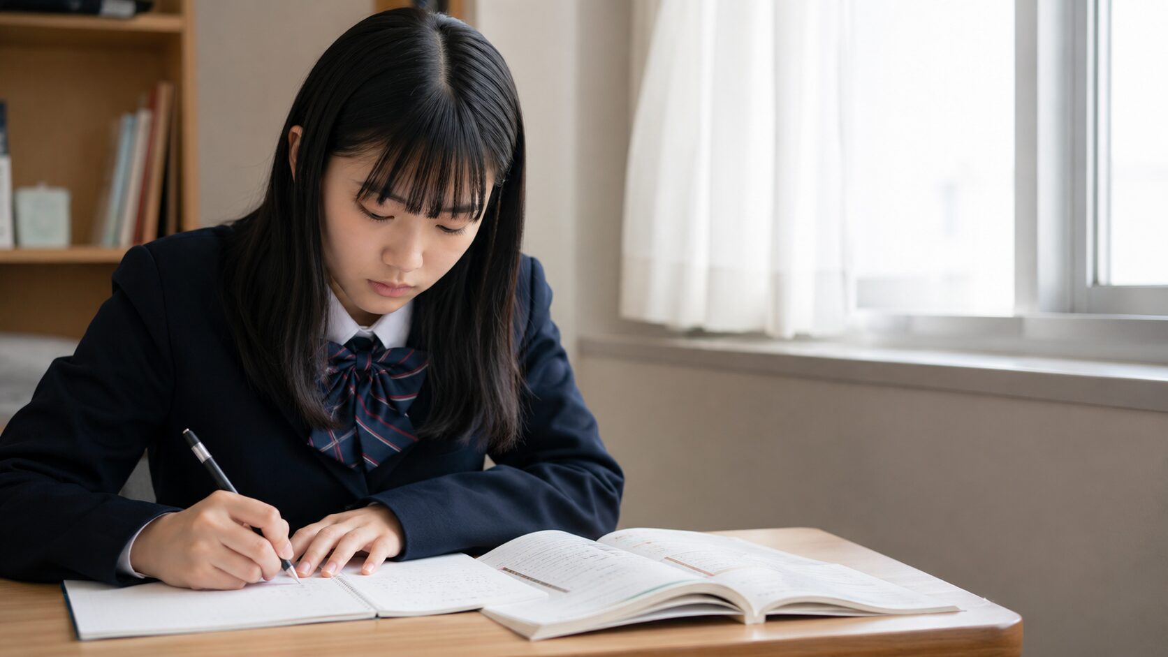 自習室で基礎問題に集中して取り組む中学生