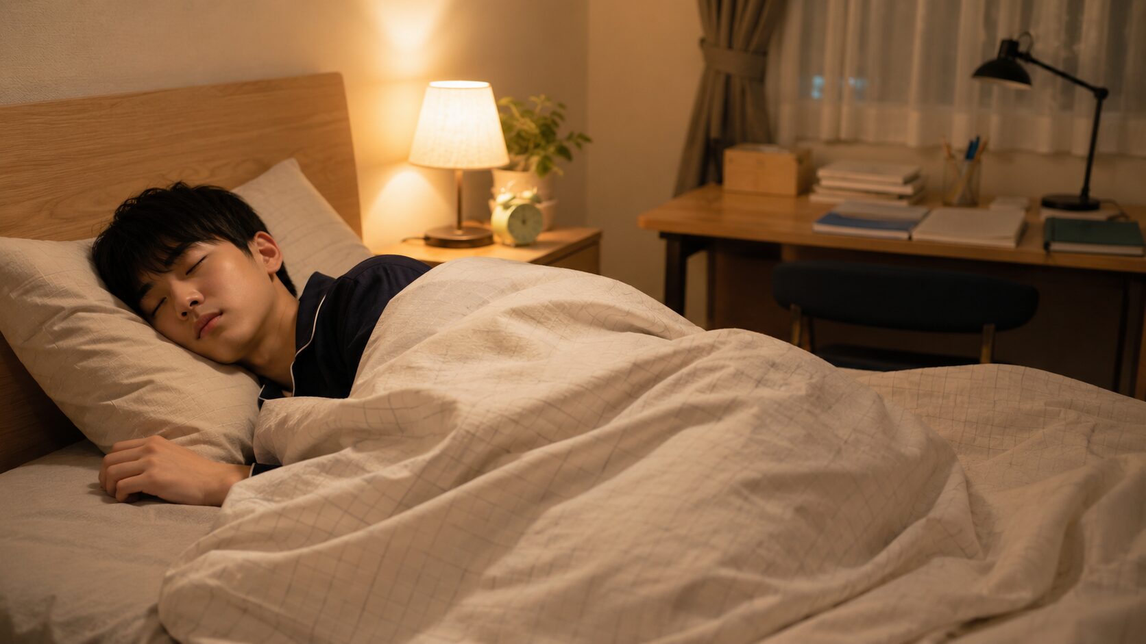 夜にぐっすり眠る中学生（睡眠で記憶を定着させるイメージ）