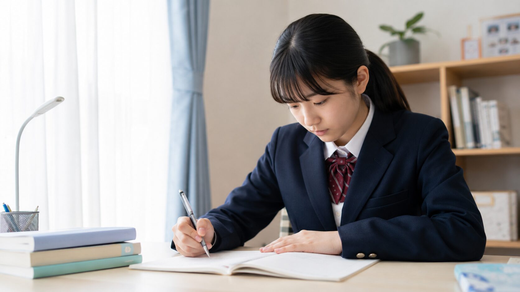 窓辺の机で計算問題に集中して取り組む中学生