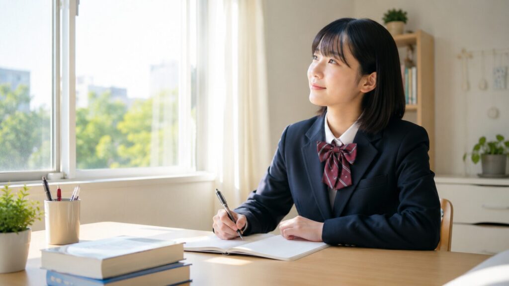 朝の明るい窓辺で前向きに勉強を始めようとする中学生