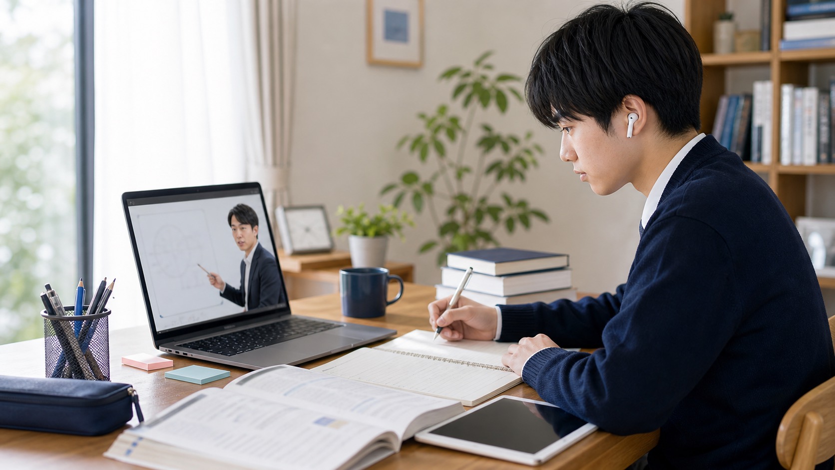 オンラインでノートパソコンに向かい、対面と変わらない集中度で学習に取り組む生徒