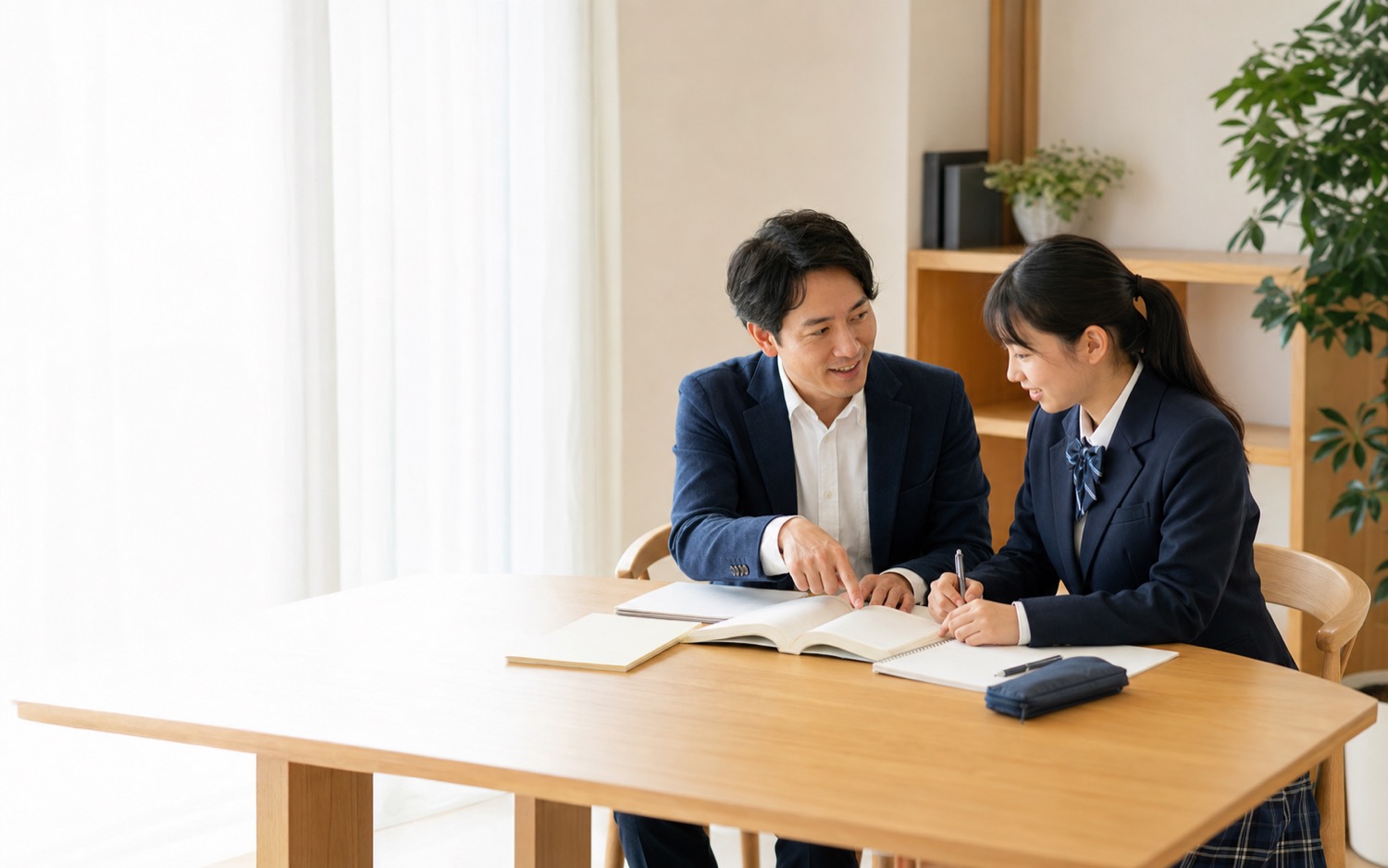 窓辺で講師と向き合い大学受験対策に取り組む生徒