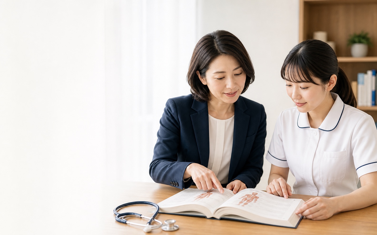 窓辺の机で解剖学の参考書を開き国家試験対策を学ぶ看護学生