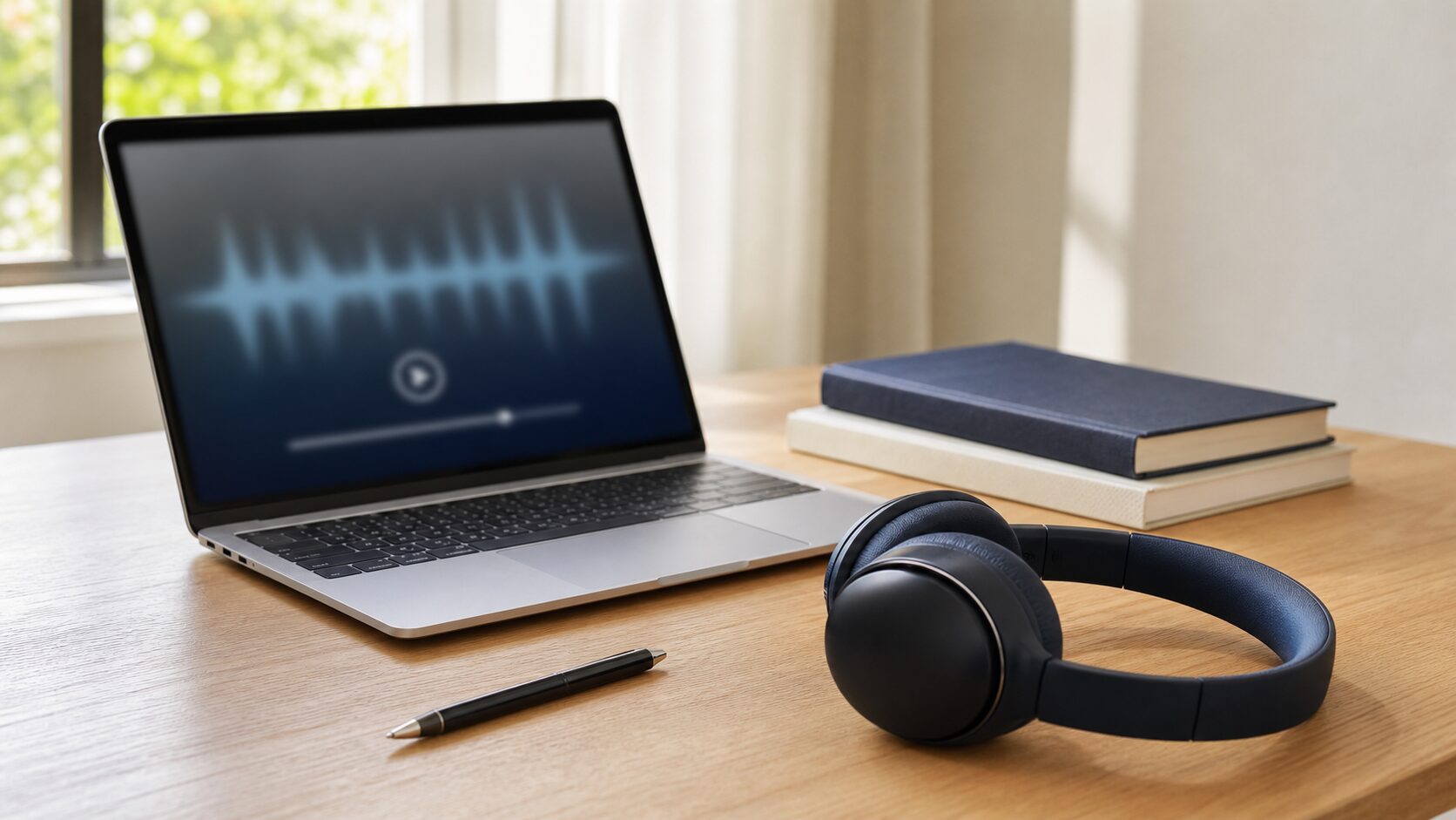 音声波形が表示されたノートパソコンとヘッドホン、参考書