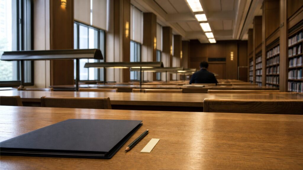 大学図書館の長い閲覧席を奥行きのある構図で捉えた写真