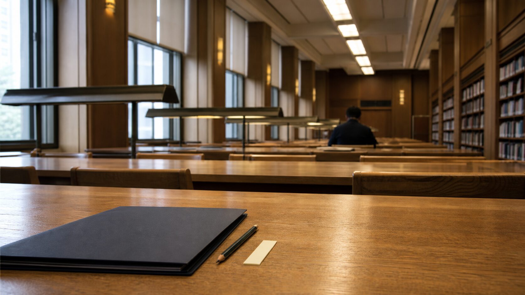 静かな図書館の閲覧室。手前の机にノートと鉛筆、消しゴム