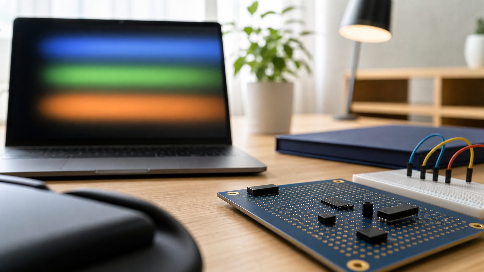 波形が表示されたノートパソコンの画面と、配線されたブレッドボード