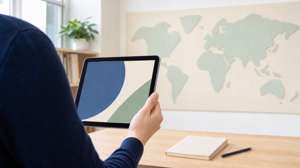 抽象的な図形を表示したタブレットと、国名のない世界地図パネル