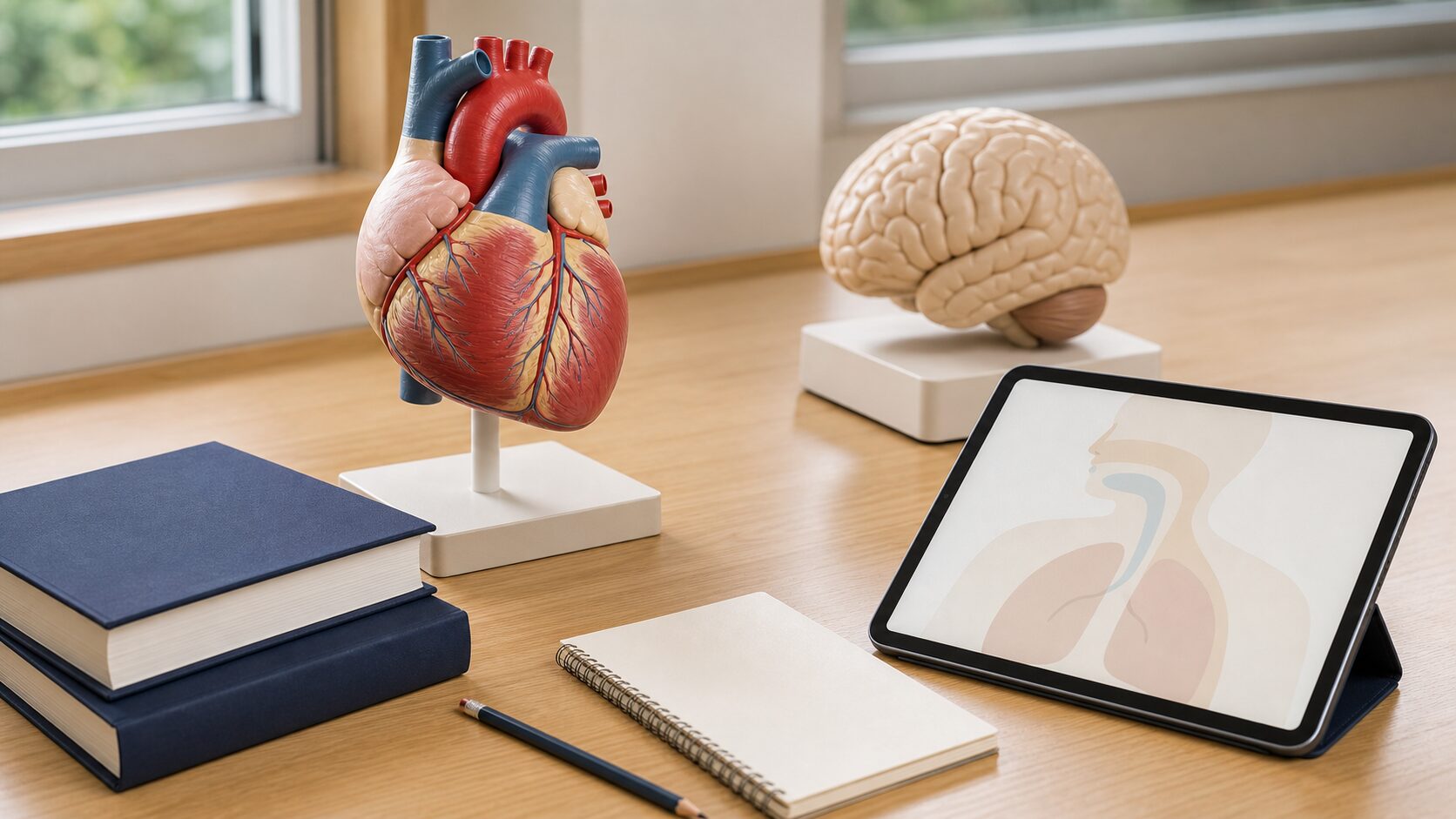解剖模型の心臓と脳、タブレットの人体図、参考書が並ぶ学習机