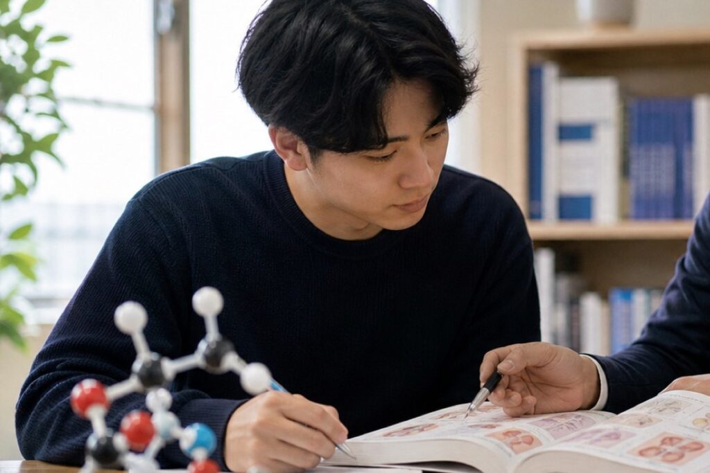 分子模型と資料を前に生化学の内容を確認しながら指導を受けている様子