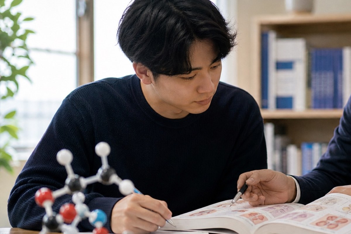 分子模型と資料を前に生化学の内容を確認しながら指導を受けている様子
