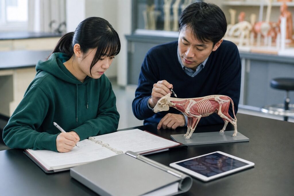 獣医学の解剖分野の資料を見ながら指導している様子