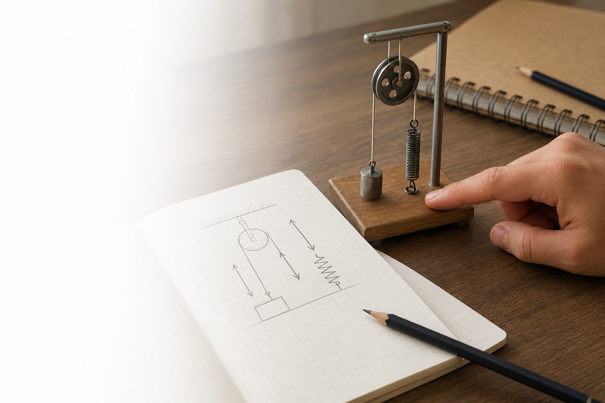 力の矢印を描いたノートと滑車・ばねの模型を指さして力学を確認している手元