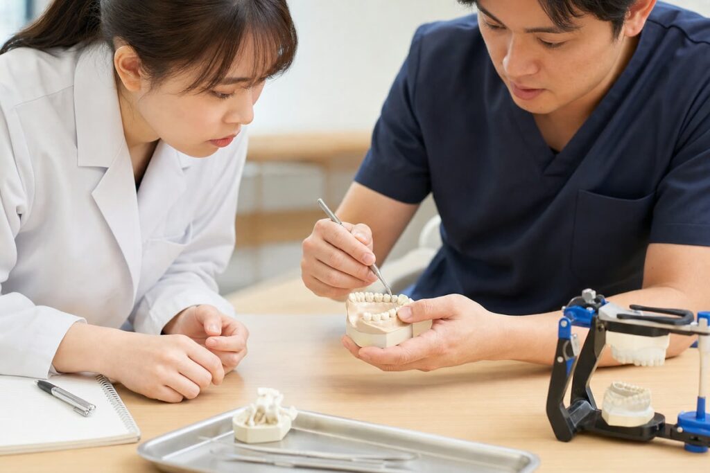 歯科模型を前に実習内容を確認している手元