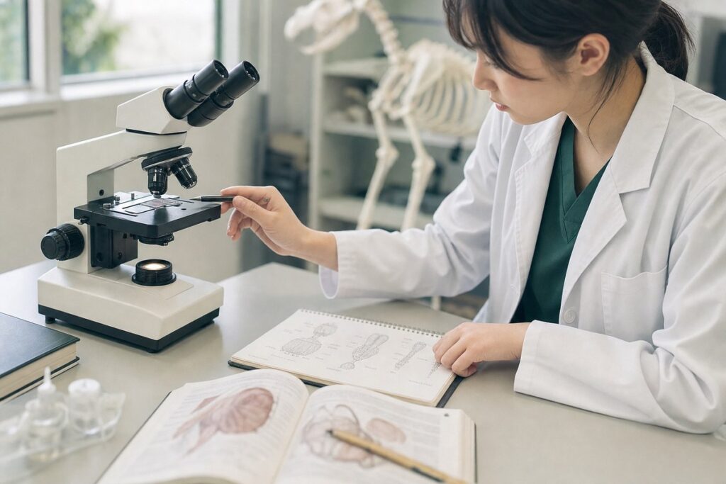 顕微鏡をのぞきながら標本の所見を確認している様子