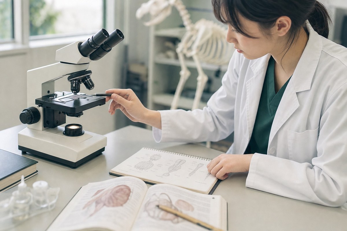 顕微鏡をのぞきながら標本の所見を確認している様子