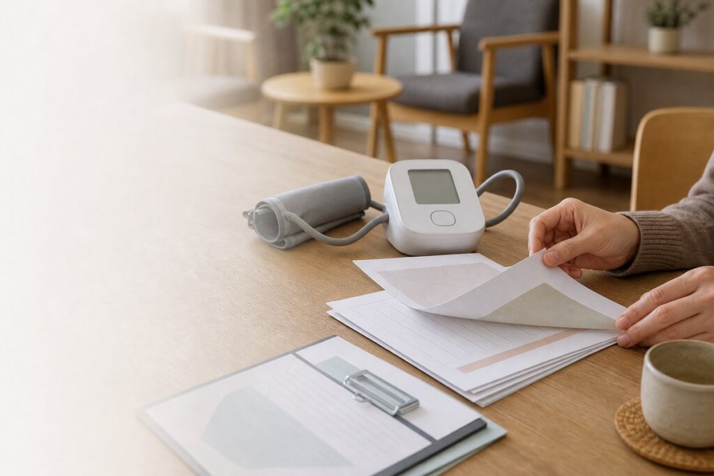 血圧計と記録用紙を前に保健指導の書類を整理している手元