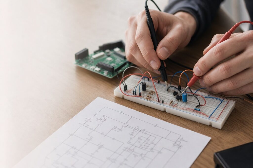 ブレッドボードの回路にテスターのプローブを当てて動作を確認している手元