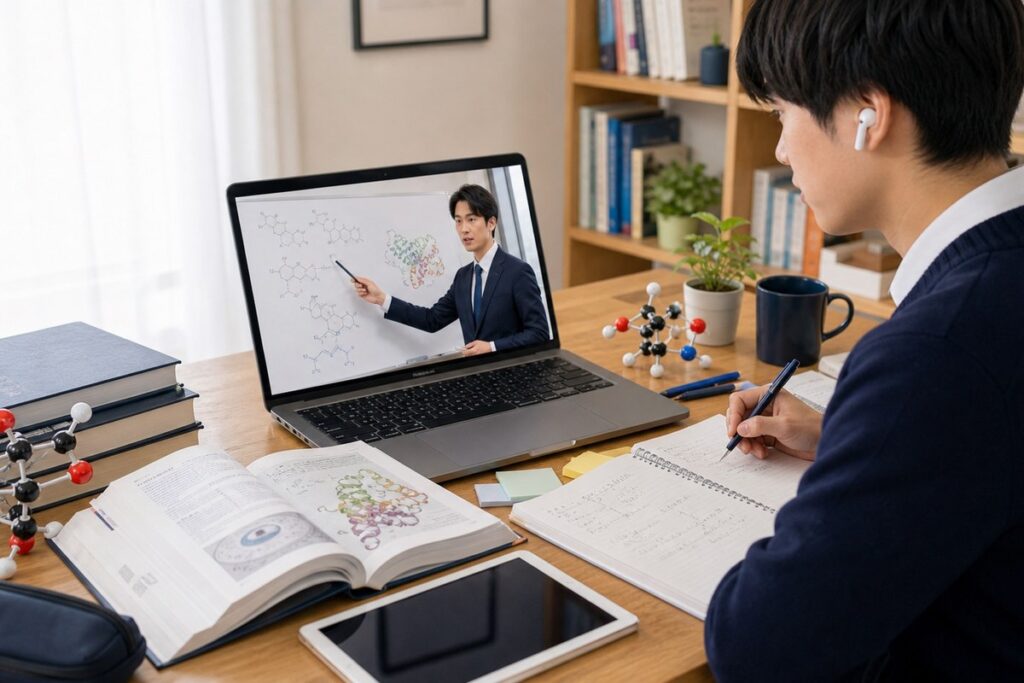 ホワイトボードに理科の図を書きながらオンラインで解説している様子