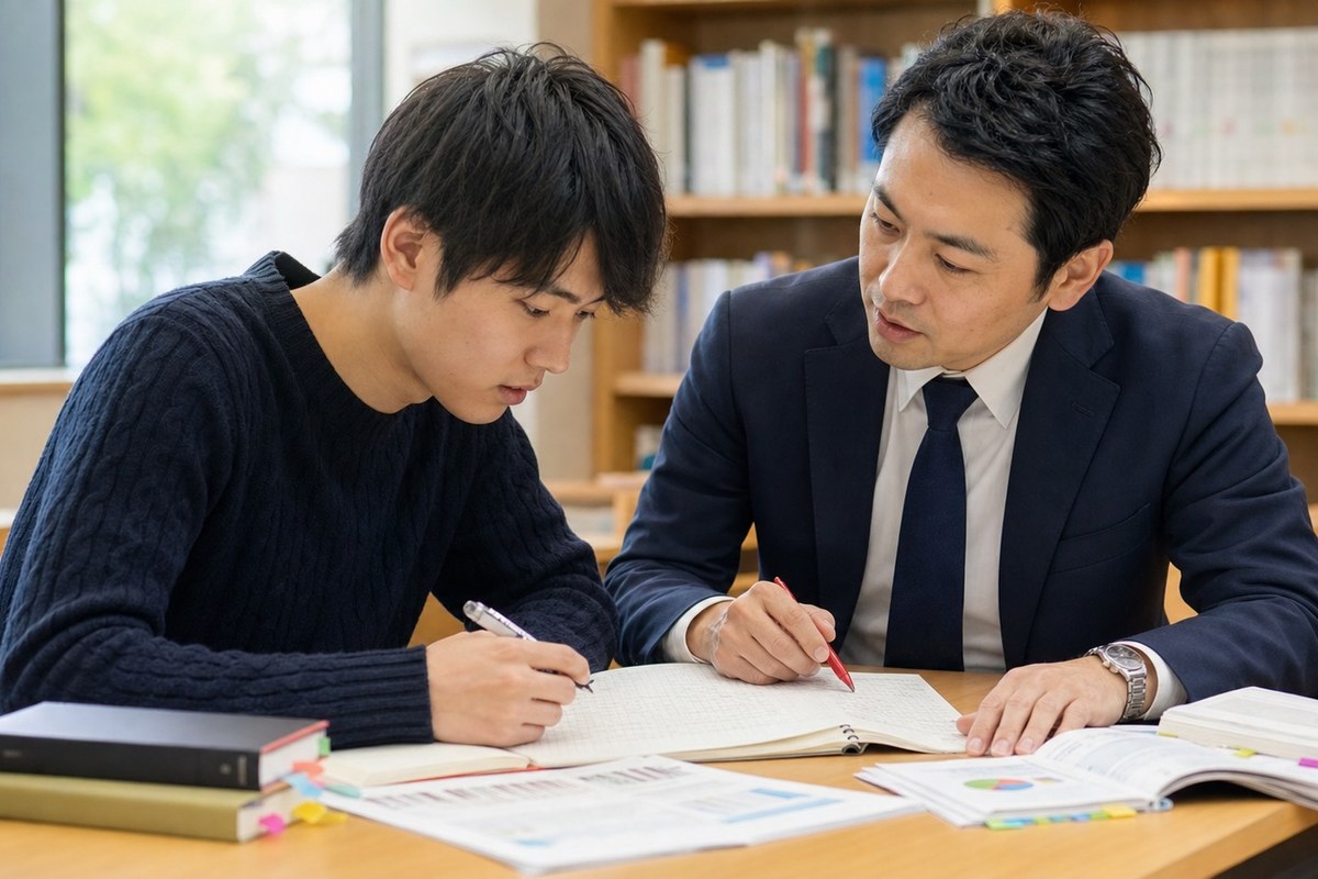 記述答案に赤字を入れながら書き方を説明している手元