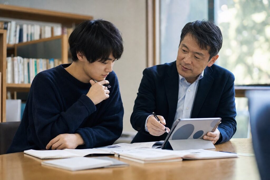 大学の図書室で参考書を前に学習方針を相談している様子