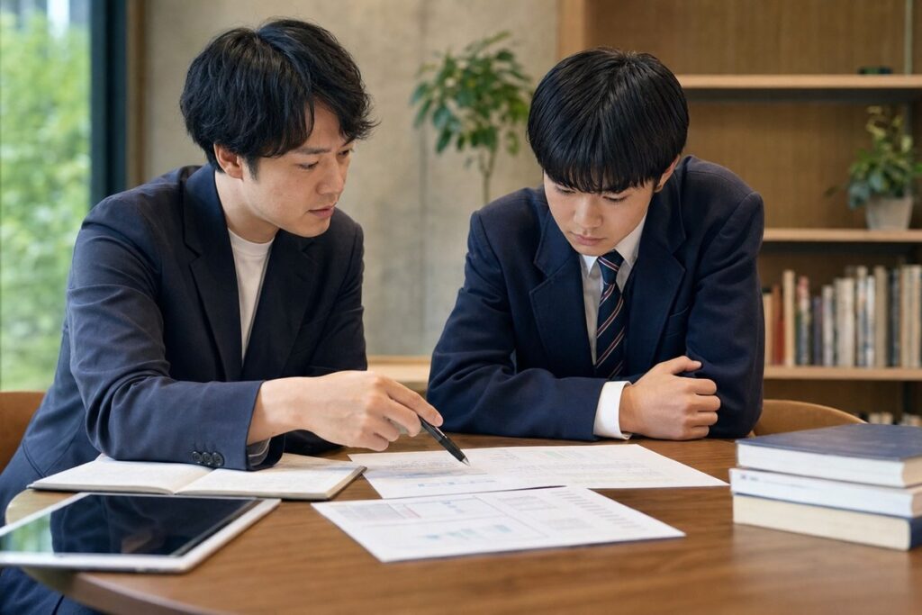 過去問と解答用紙を並べて解き方の道筋を確認している様子