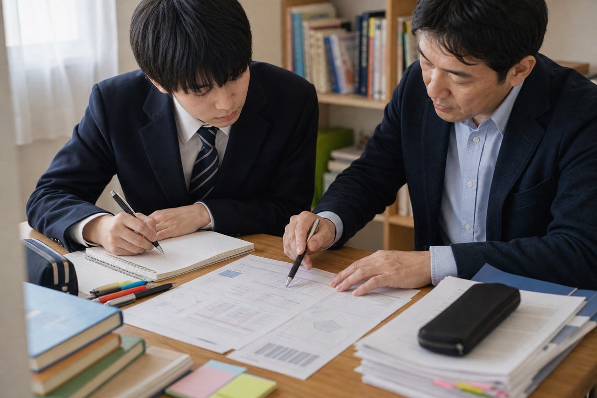 答案を見返しながら間違えた原因を一問ずつ確認している様子