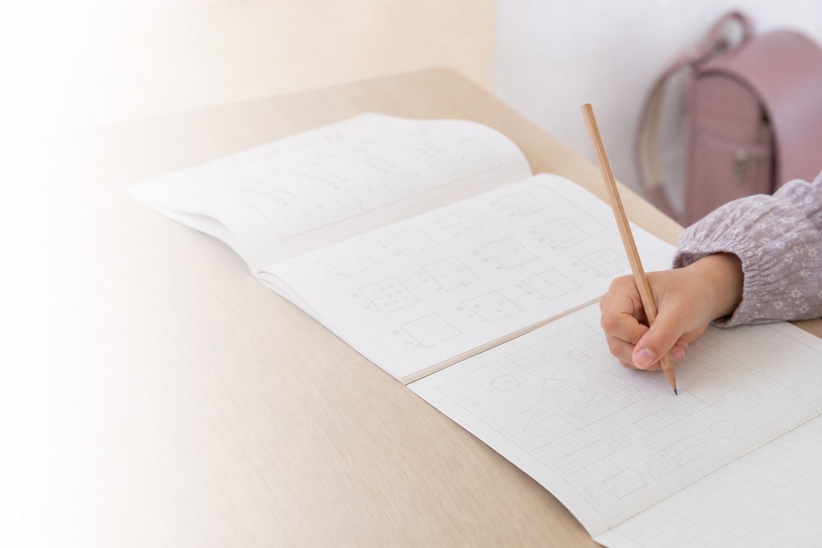 小学生用の学習机でノートに鉛筆を走らせている子どもの手元