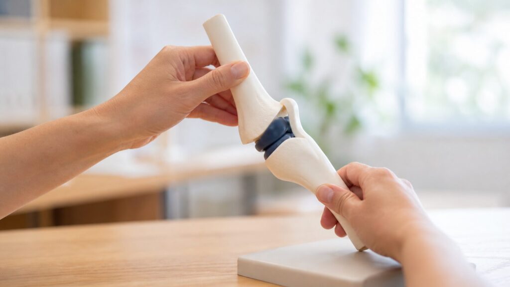 膝関節の模型を両手で動かしている、理学療法の学習イメージ