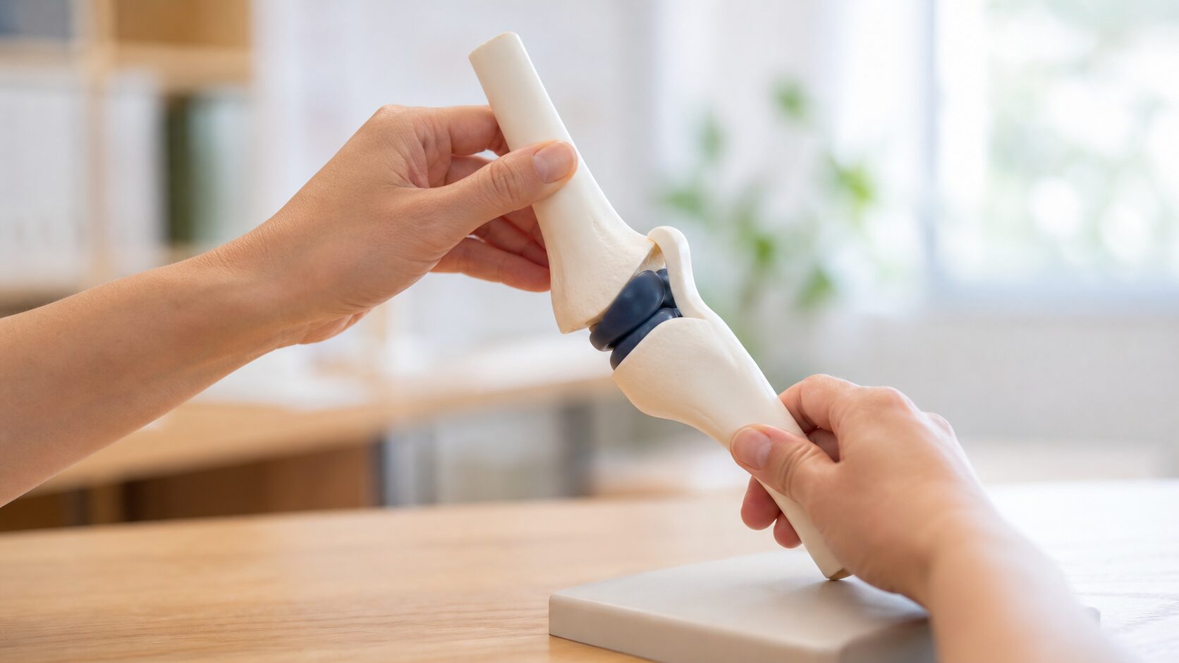 膝関節の模型を両手で動かして角度を確認している手元
