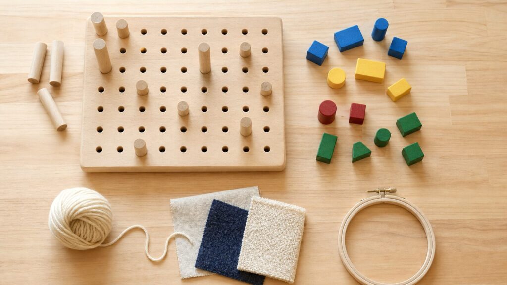 ペグボードや無地のブロック、毛糸、布を並べた作業療法の活動イメージ