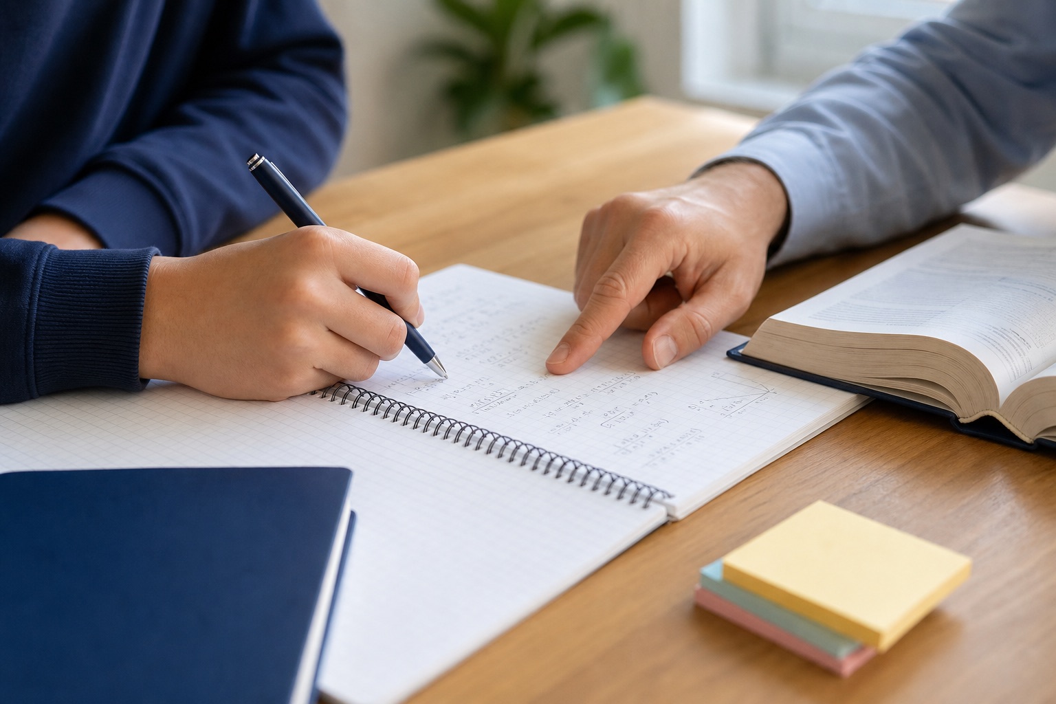 家庭教師の授業。ノートに書き込む生徒の手元と、隣から指し示す講師の手