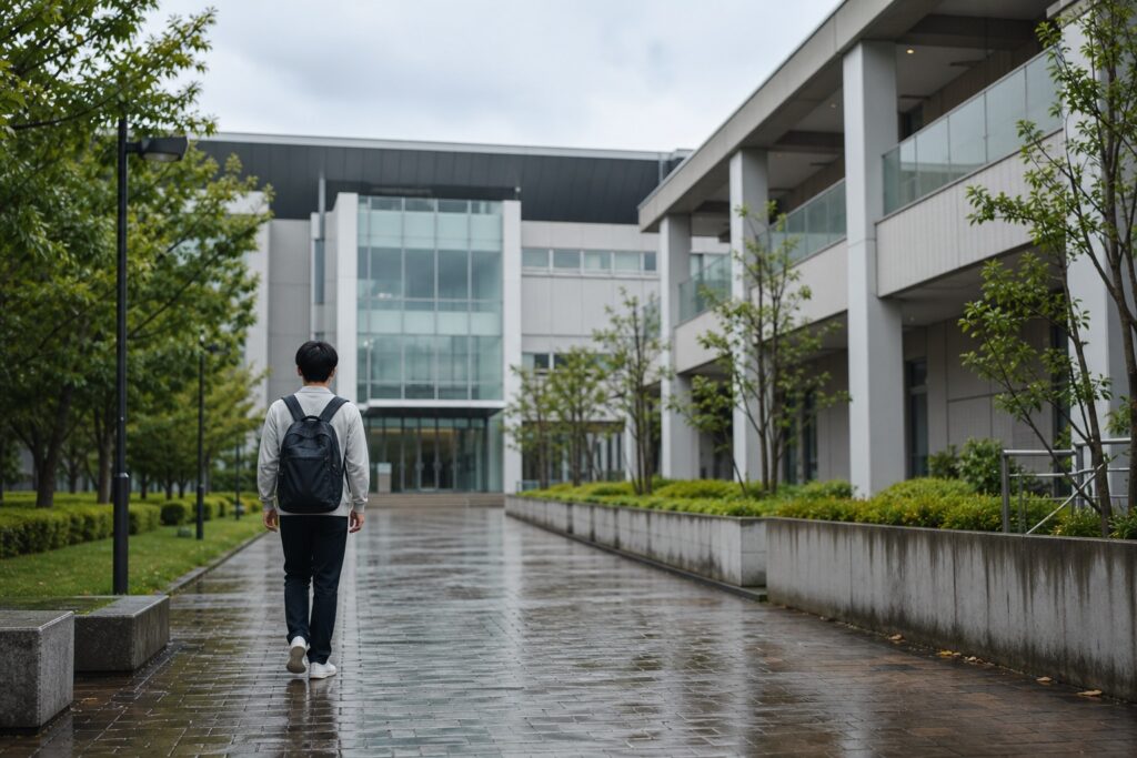 雨上がりのキャンパスの通路を校舎へ向かって歩く学生の後ろ姿