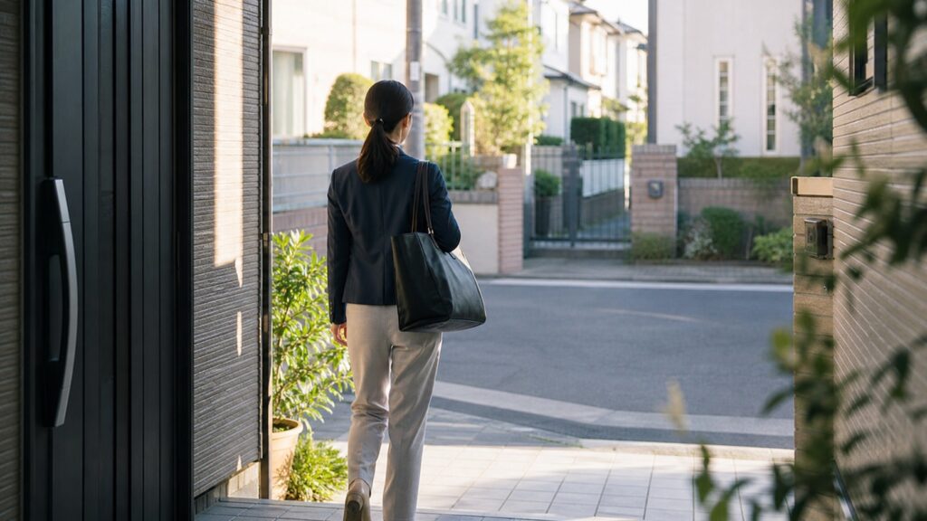 かばんを持って玄関から住宅街へ出ていく後ろ姿