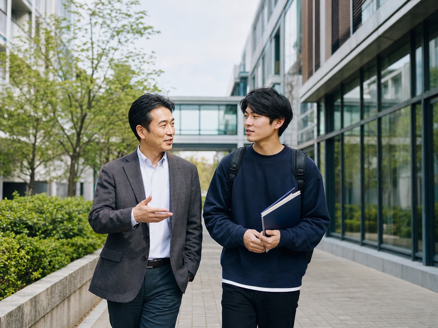 キャンパスで進路について話しながら歩く学生と指導者