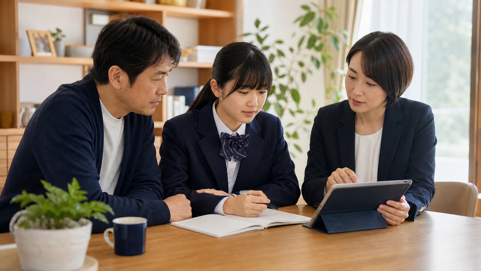 親子と専任担当が志望校の年間計画について話し合う様子