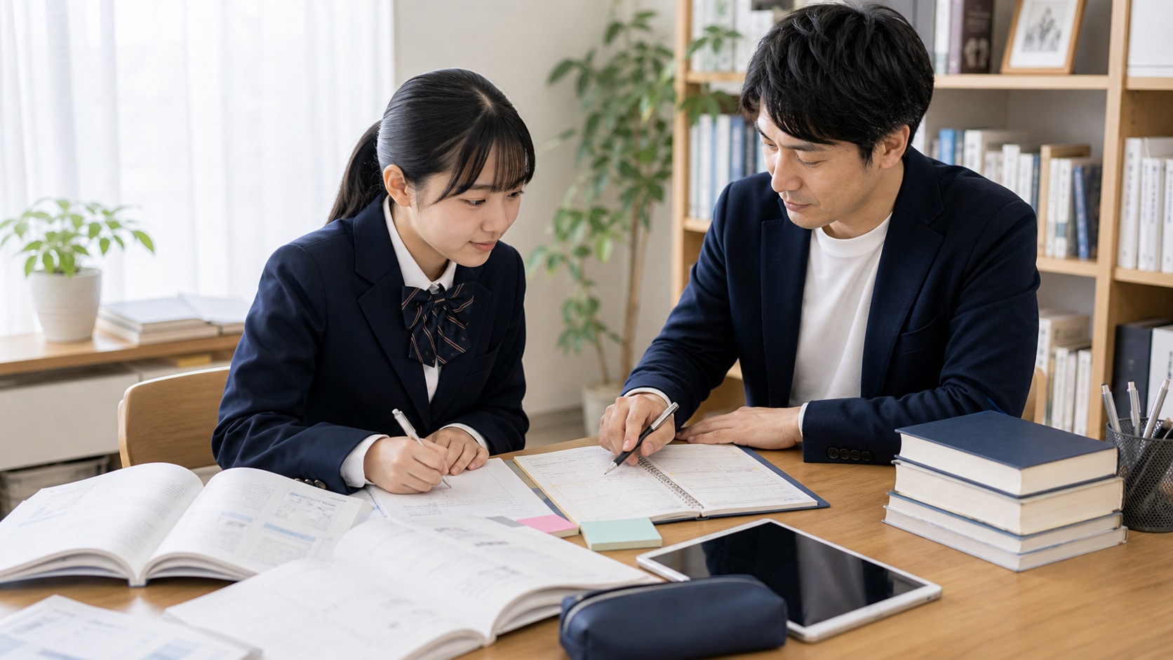 家庭教師と一緒に基礎の計算問題に取り組む高校生