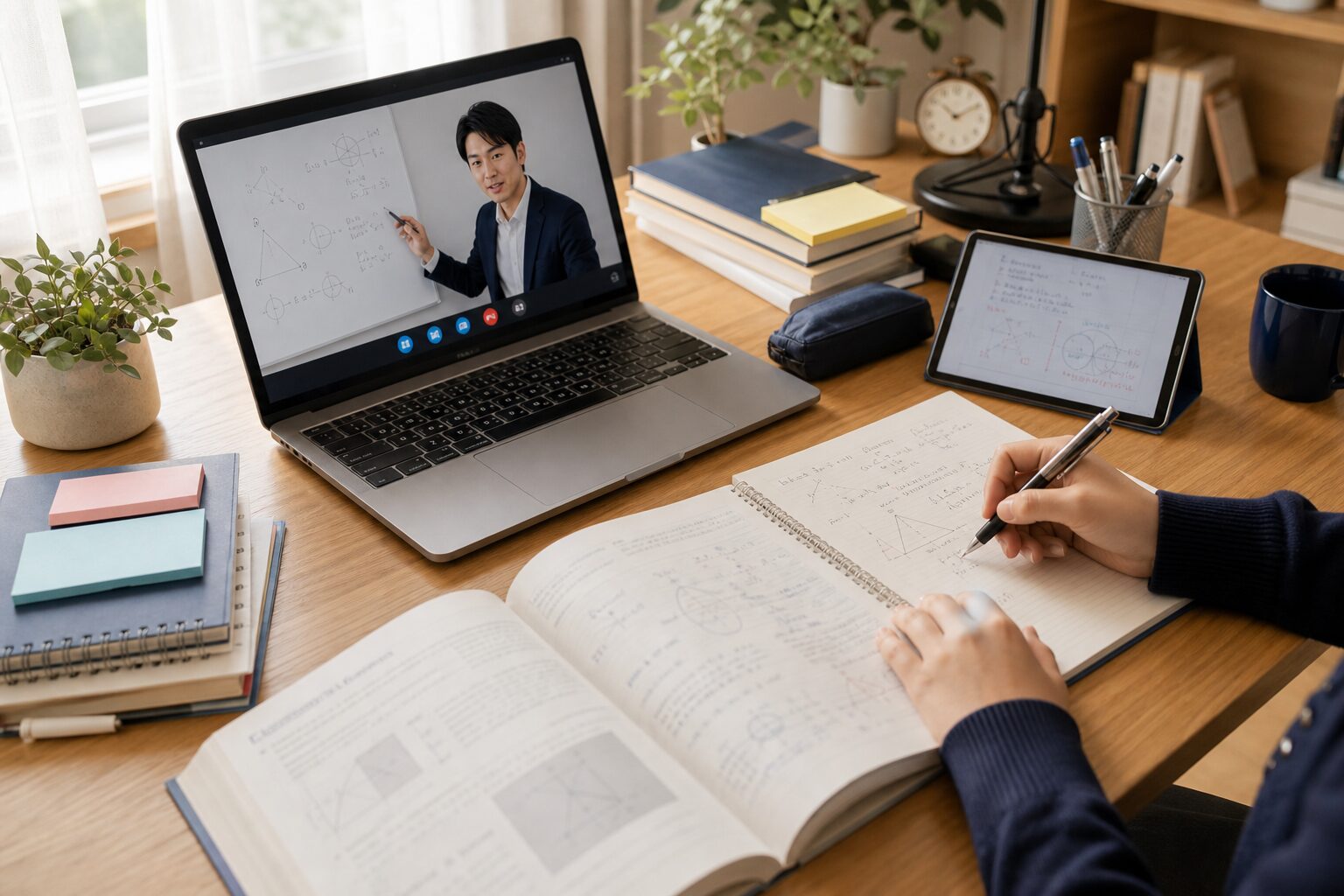 ノートパソコン画面で講師の解説を受けながらノートに書き込む学習机の近景