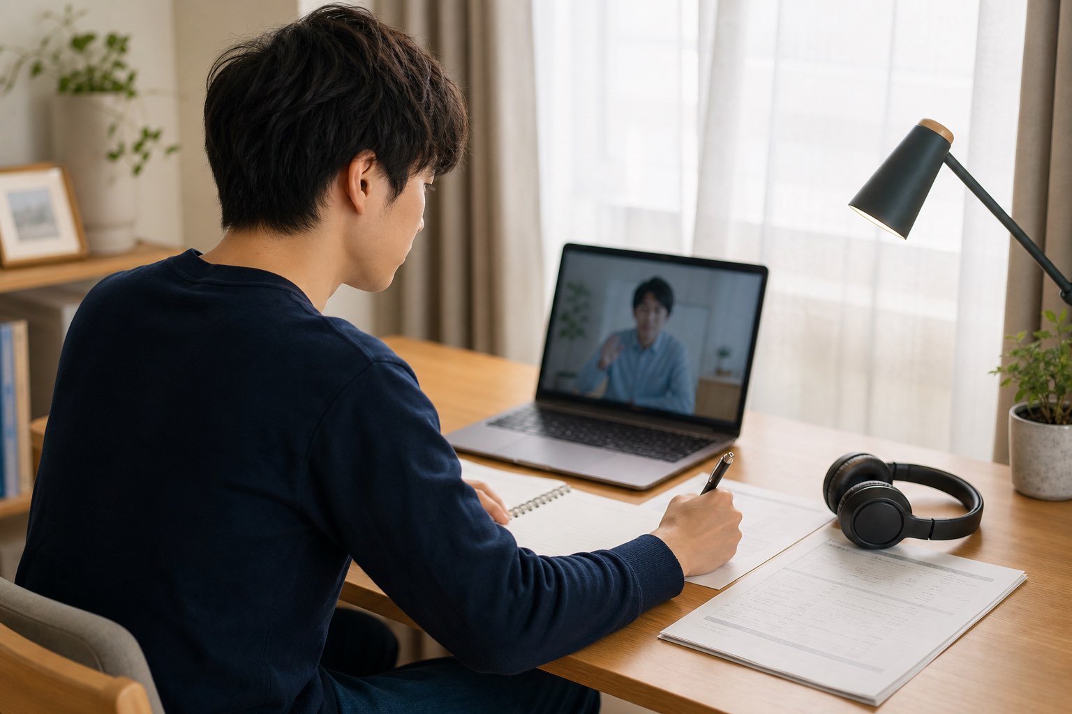 自宅でオンライン指導を受けながらノートに書き込む学生の後ろ姿