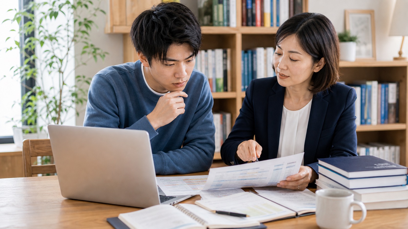 プロ家庭教師が資料を示しながら学生と今後の学習計画について話している様子