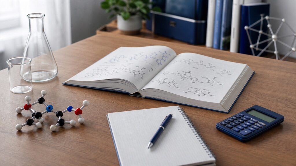 有機化学の教科書と分子模型、フラスコ、ノート（人物なし）